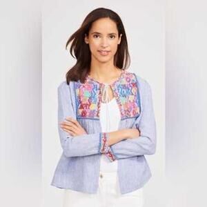 J. McLaughlin Blue White Stripe Embroidered Tassel Linen Boho Peasant Top Small